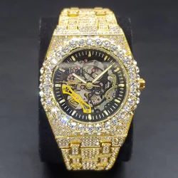 Nuovo orologio automatico con diamante Dropshipping per uomo orologio da polso meccanico di lusso in rovere dorato orologio originale con scheletro Hip Hop Ice Out