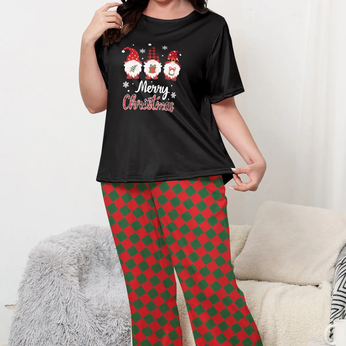 Ropa de dormir navideña de talla grande para mujer Otoño Invierno nuevo estilo atmósfera impresa nuevo estilo pantalones de manga corta conjunto de pijama