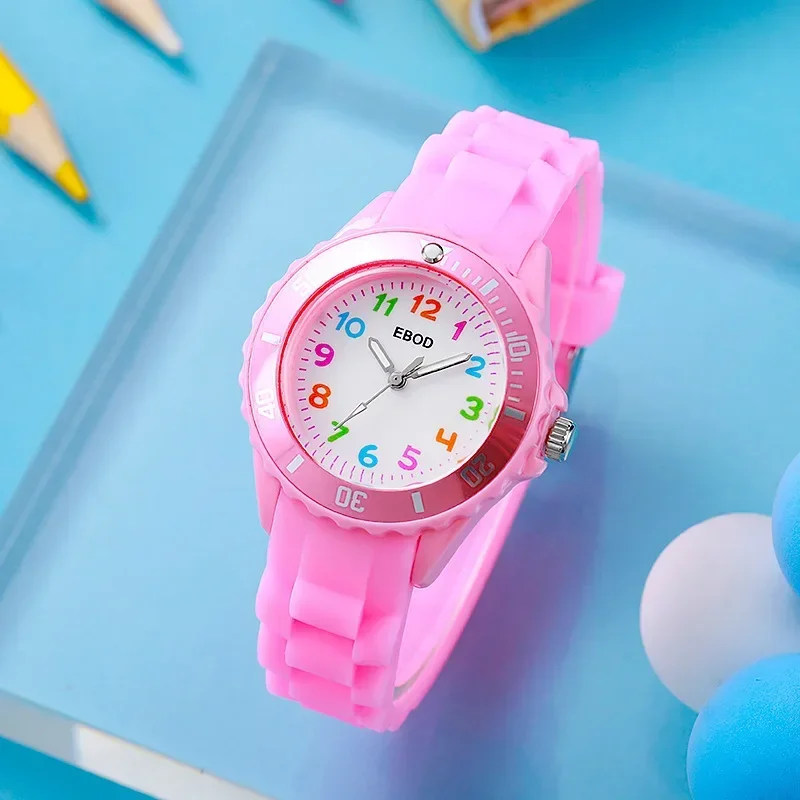 Kids Analog Watch for Boys Girls Soft Silicone Band Colorful Number Cute Watches for Children Water Resistant Quartz Wristwatch