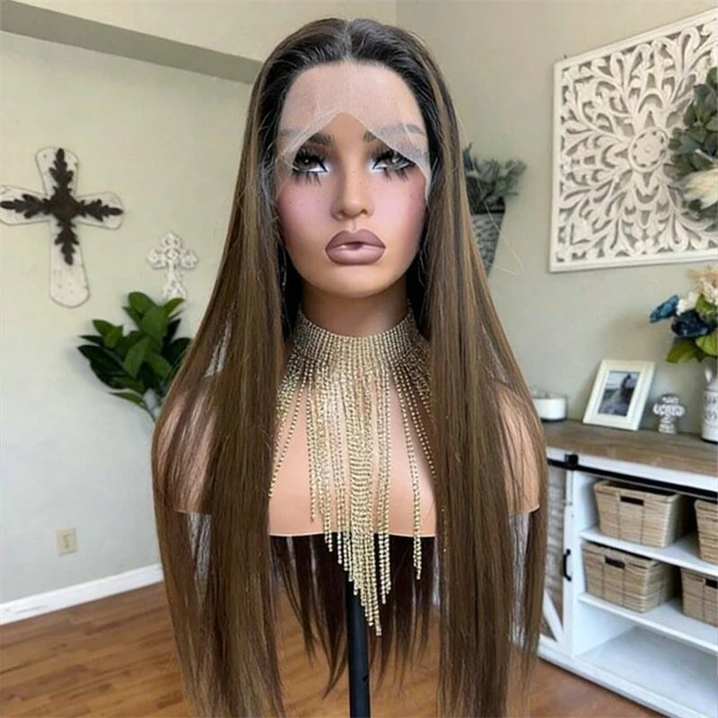 High quality synthetic wig Ombre Light Brown Lace Front Wig Daily WEar Use HD 13x4 Long Straight Women Wig 2026 Pretty Hair