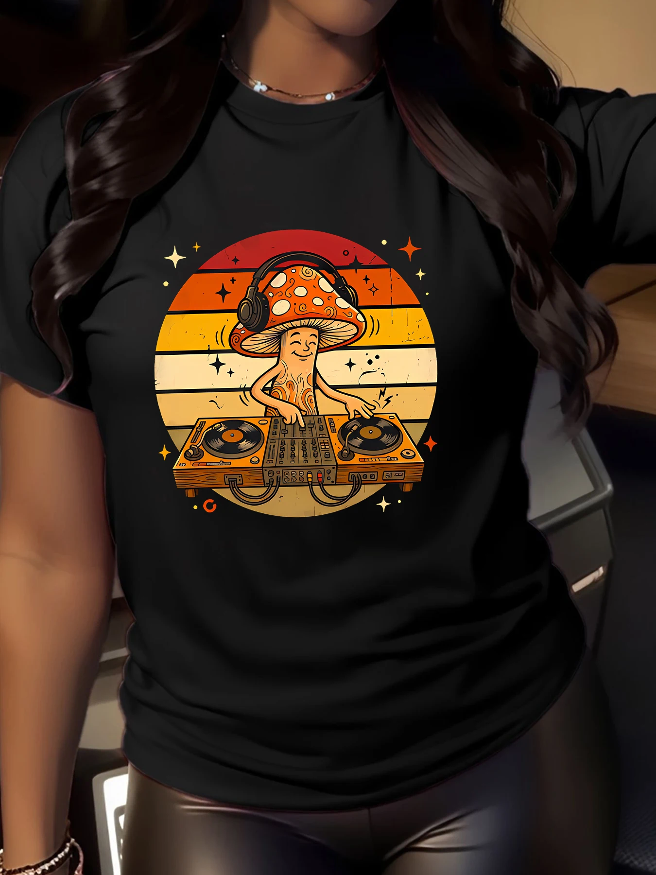 Retro Sunset Cartoon DJ Mushroom Print Roundneck Short-Sleeve T-Shirt for Women