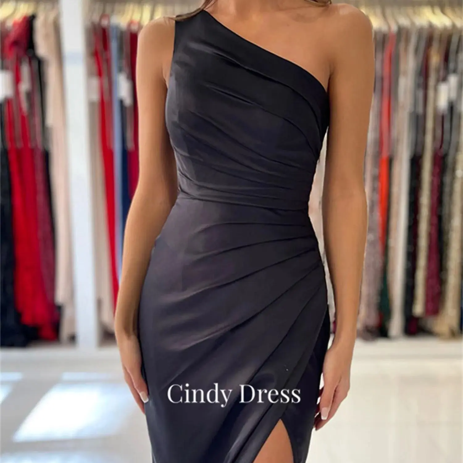 

Cindy One Shoulder Black Satin Mermaid Long Dress Wedding Guest Dresses for Women Graduation Luxurious Women's Evening Party