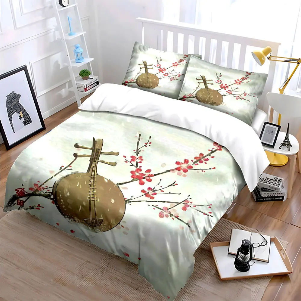 Traditional Instrument and Blossom Decor Soft Skin-Friendly Bedding Set Includes 1 Duvet Cover And 2 Pillowcase, Gift