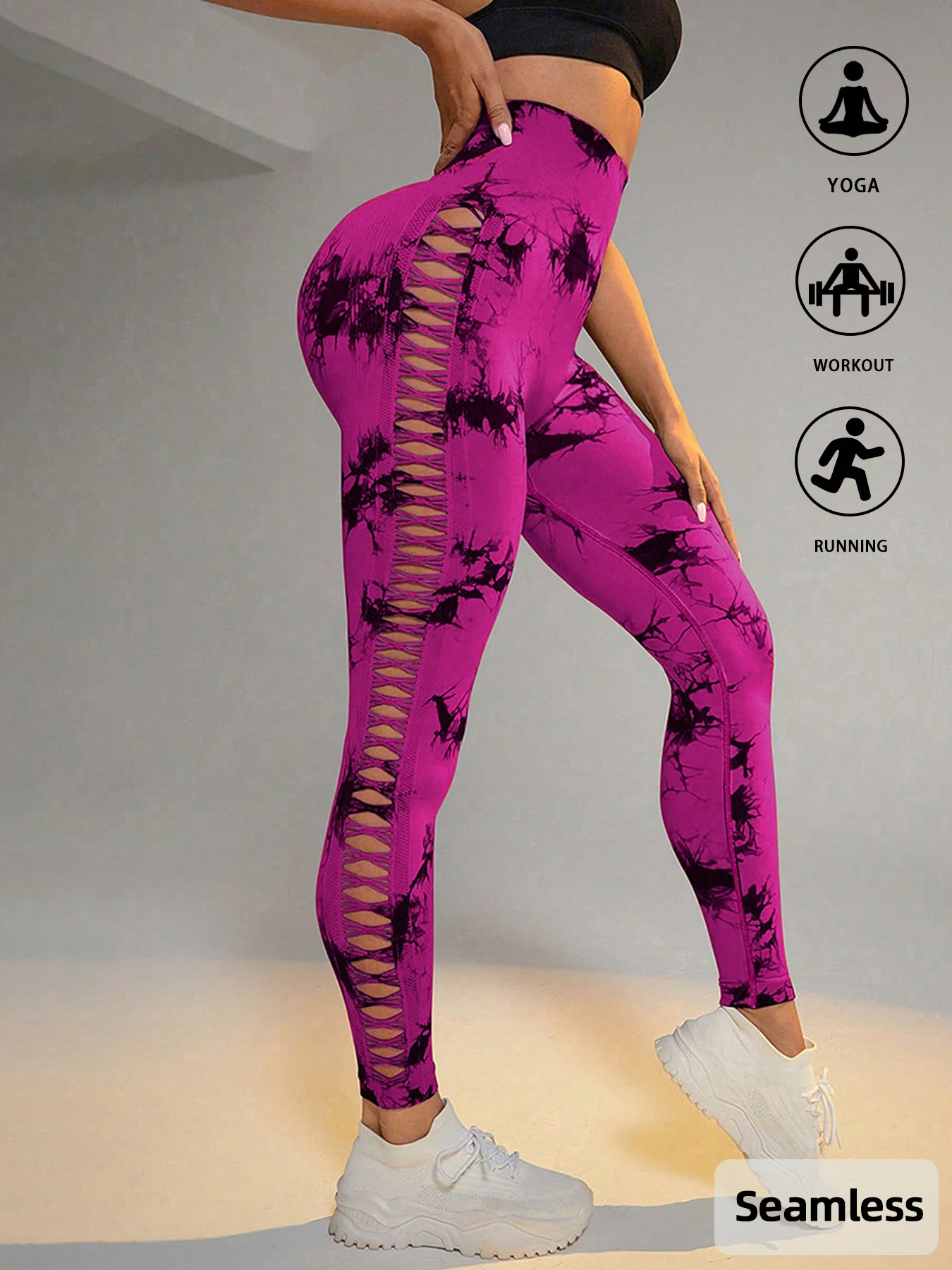 High-Waisted Seamless Tie-Dye Hollow Out Butt-Lift Stretchy Sports Yoga Pants for Women