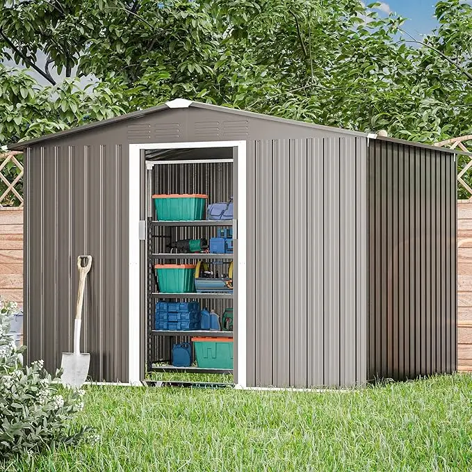 8'x6' Outdoor Storage Shed Metal Galvanized Tool Shed with Vents & Lockable Sliding Door Waterproof Backyard Shed