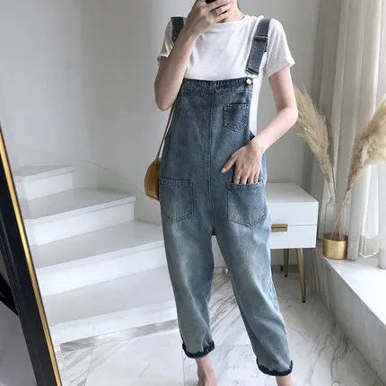 

Summer Loose Women's Denim Overalls Korean Style Spring Autumn New Ageless Slimming Small Size One-Piece Pants