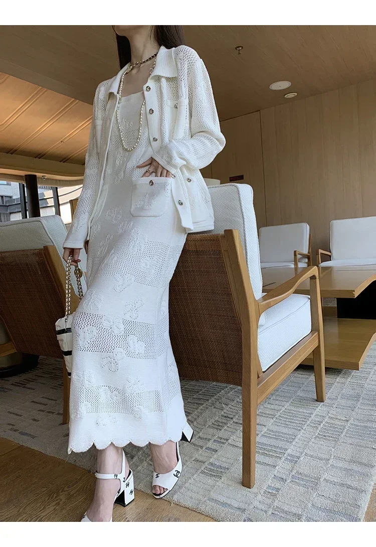 

White Knitted Dress with Bow Strap for Women French Elegant Style Hollow Out Dress Knit Cardigan Jacket Spring Female Clothes