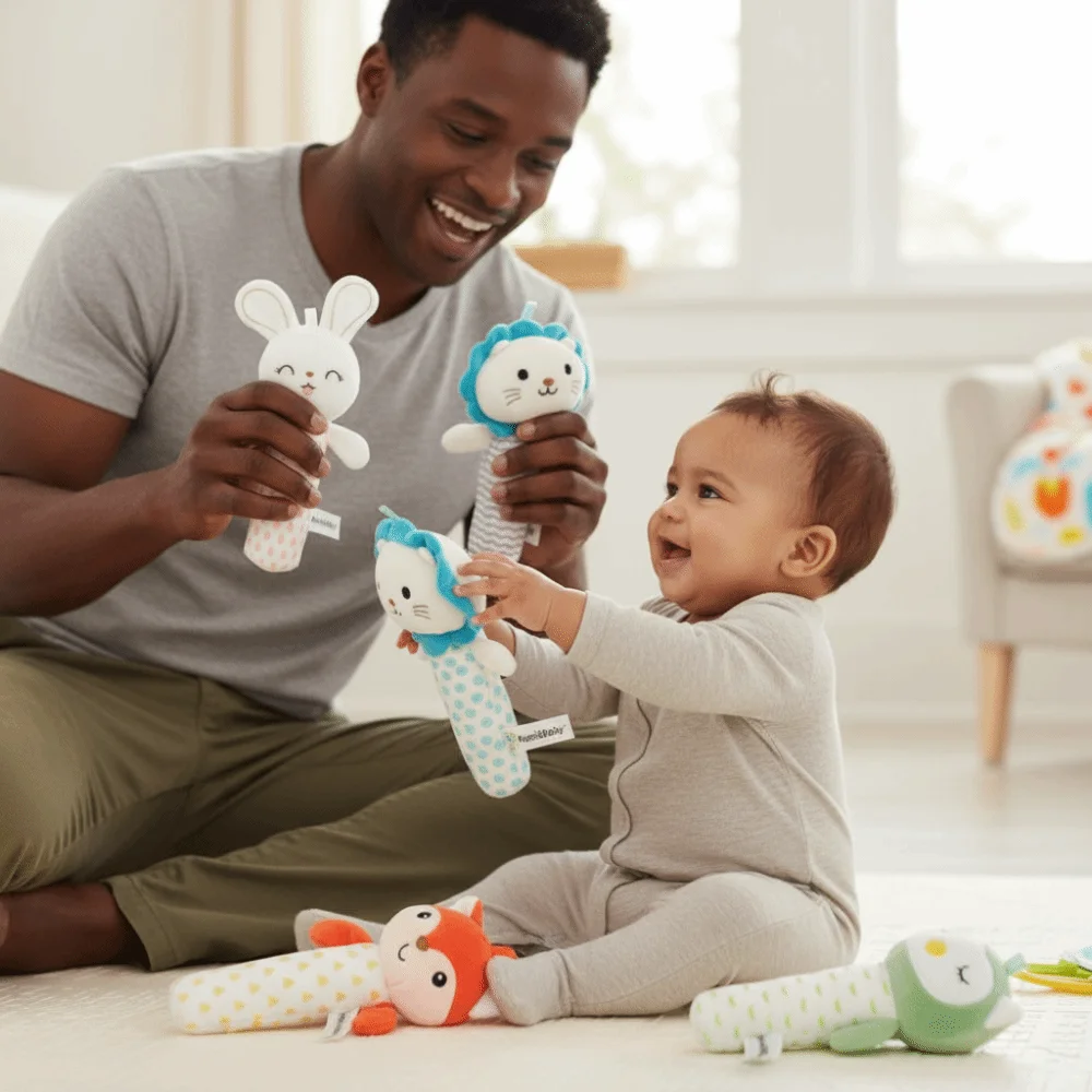 Cartoon Animals Soft Stuffed Animal Rattle Squeaky Sound Bell Plush Rattles Crinkle Sound Plush Dolls Infant Hand Ring Toddler