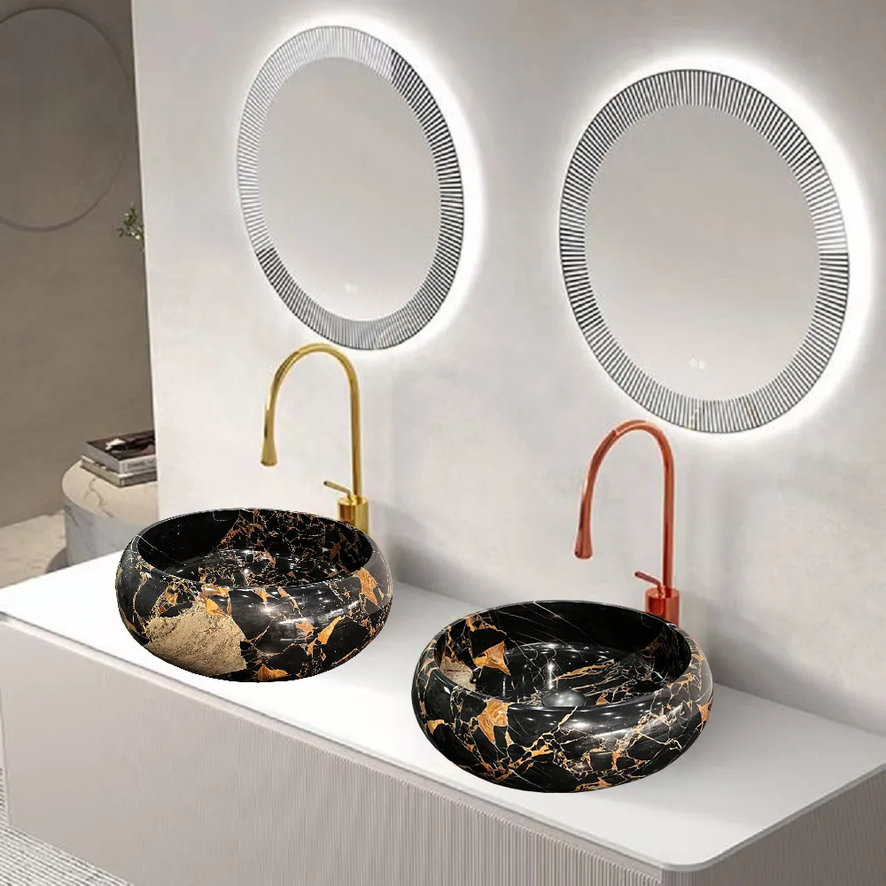 Umywalka łazienkowa z naturalnego marmuru Portoro, najnowszy design, polerowany kamień, okrągła, czarna marmurowa umywalka.