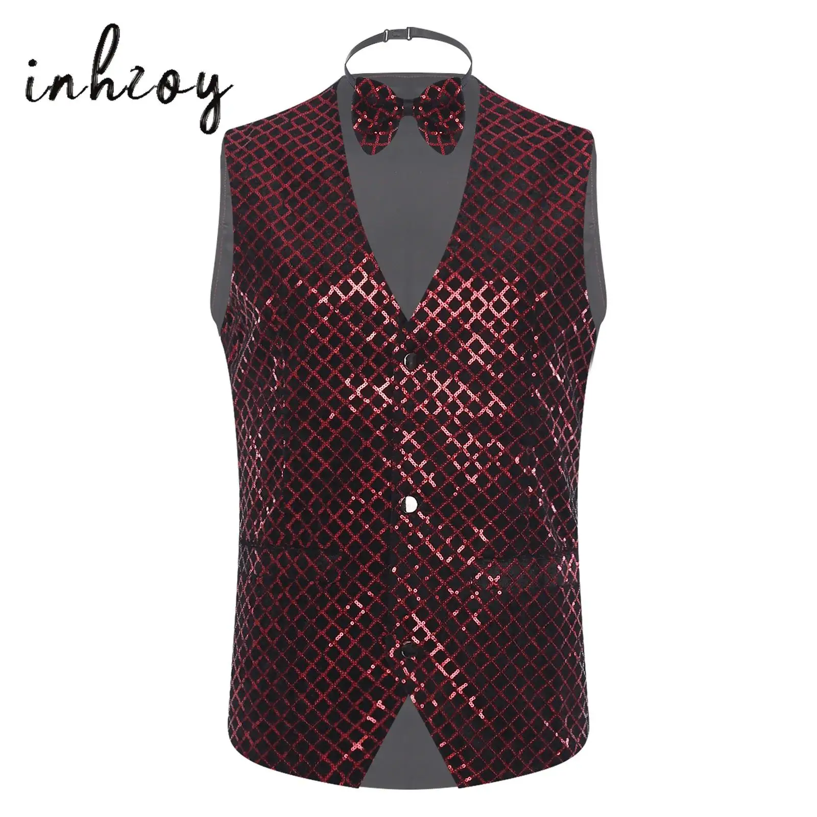 Mens 70s Disco Shiny Vest V Neck Sleeveless Pointed Hem Button-down Waistcoat with Bow Tie Party Gentleman Blazer Vest