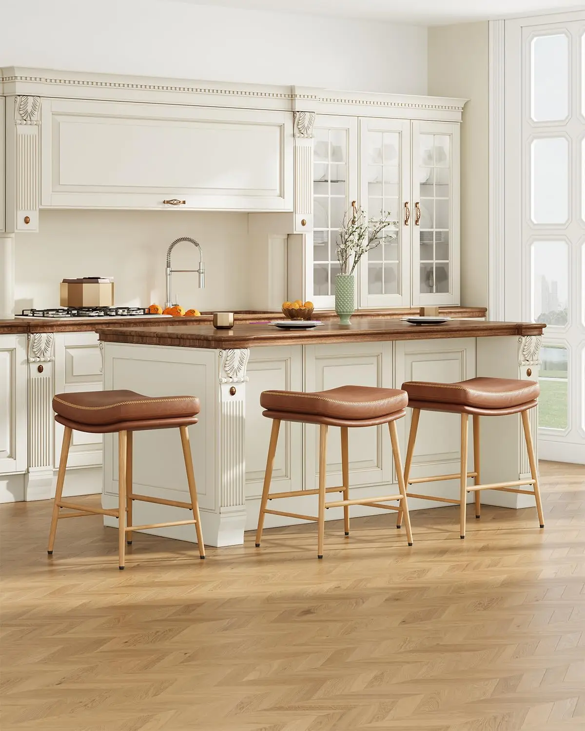 

24in Backless Counter Stool PU Leather Saddle Seat Metal Frame Kitchen Island Set of 3 Brown, Customized