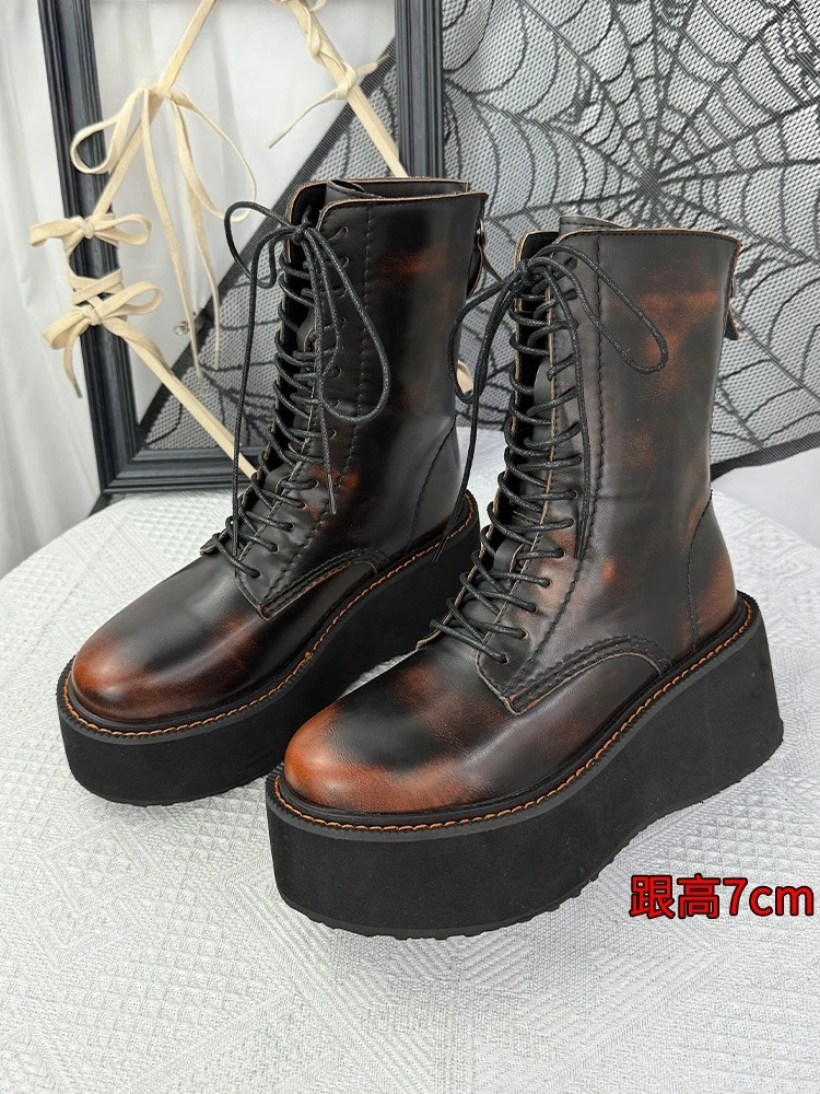 Botas de moto retro en distresse para mujer, bout rond, plateforme, cremallera au dos, noués cruzados, casual,