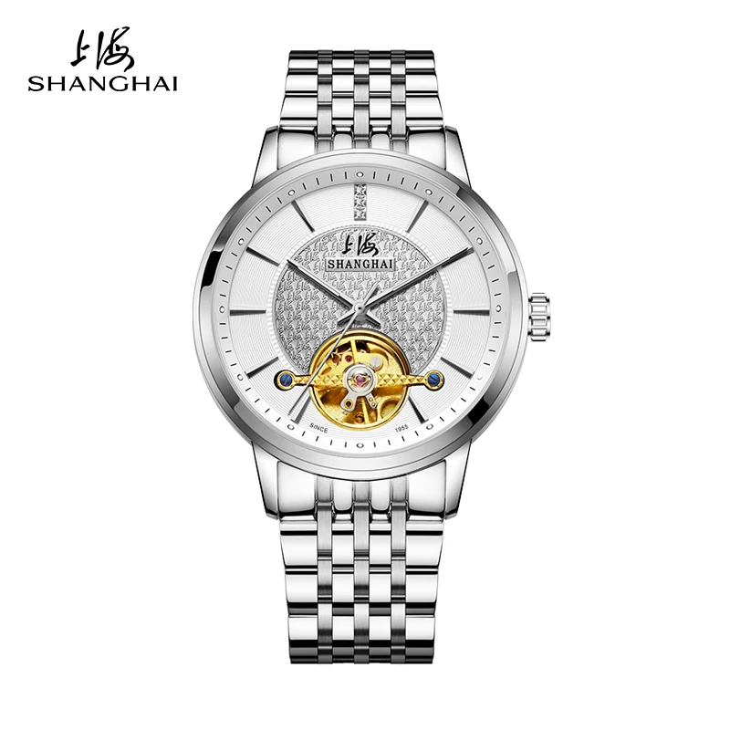 شنغهاي دولاب الموازنة سلسلة ساعة ميكانيكية للرجال الأعمال فستان ساعة الياقوت الزجاج مضيئة الأيدي التقويم عرض SH6008