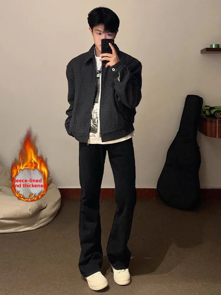 

Bla Fce Lined Men's Jeans Autumn Winter Straight Leg Slim Fit Bootcut Pants Casual High Street American Sle Youth Faion