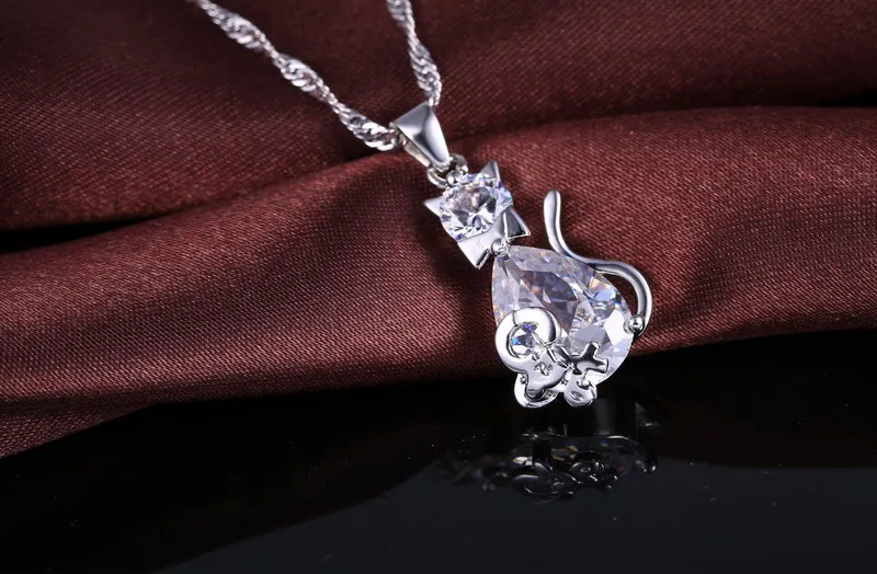 Hot Sale Christmas Birthday Gift for Girls 925 Silver Color Cubic Zircon Cute Cat Pendant Necklace Earrings Jewelry Set