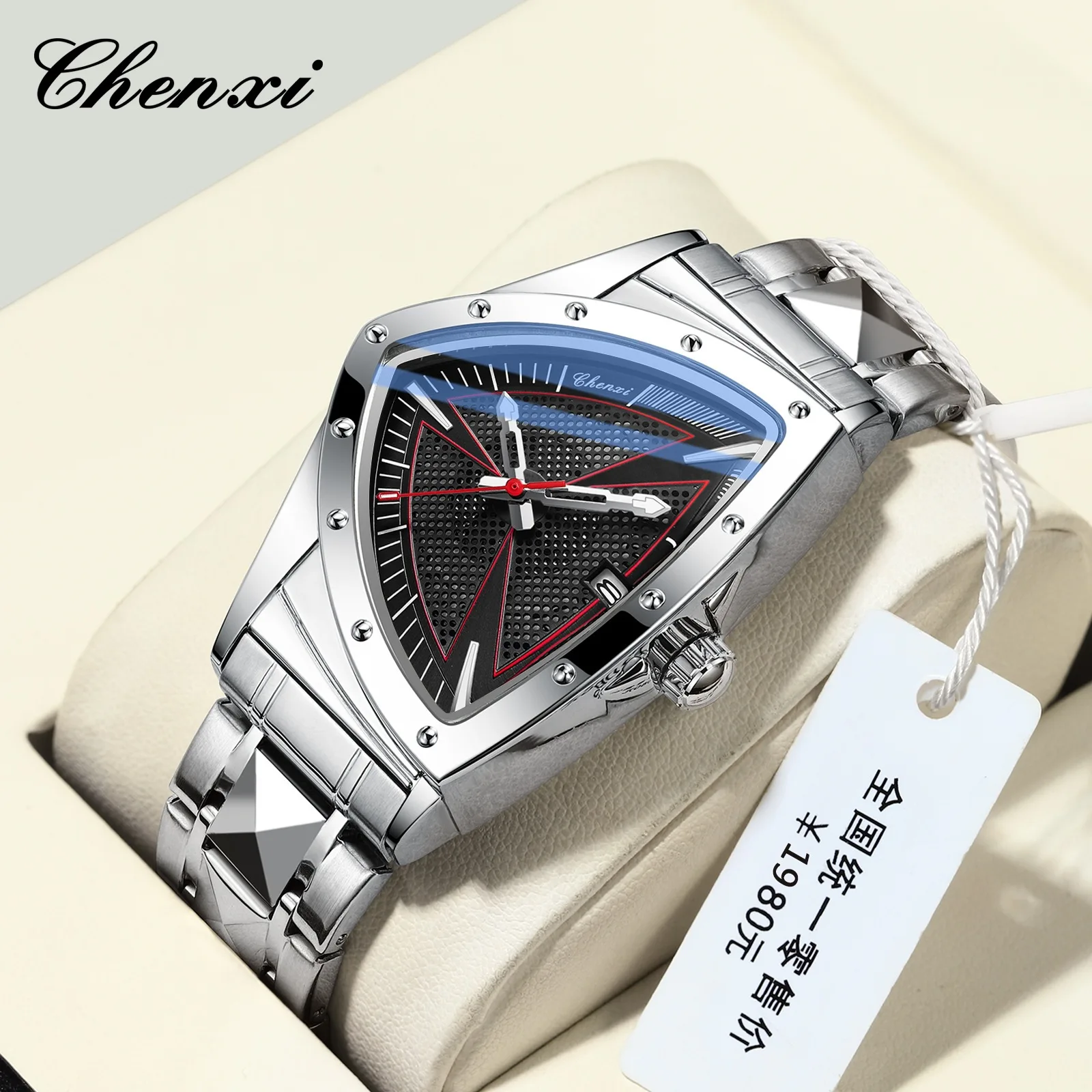 Men's hollowed out quartz watch, luxurious gold black n-triangular dial, stainless steel bracelet for the watch