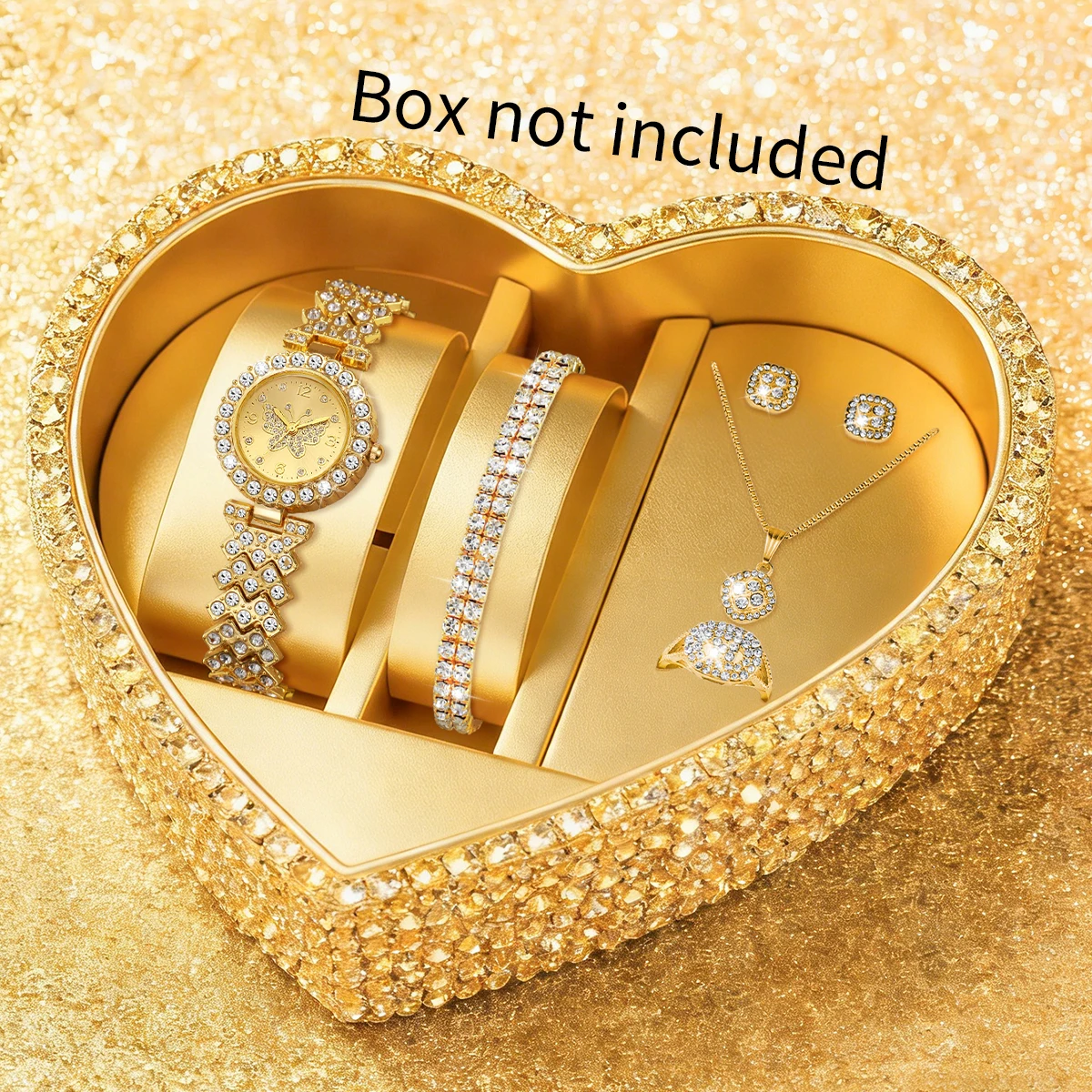 6PCS Elegant Women Rhinestone Alloy Strap Watches Jewelry Set Fashion Butterfly Arabic Dial Wristwatch Reloj Mujer(No Box)