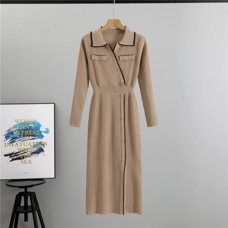 Women Dress Full Sleeve Button Knit Splice Long Dresses High Waist Thick Solid Elegant Vestidos A Line Casual Office Lady