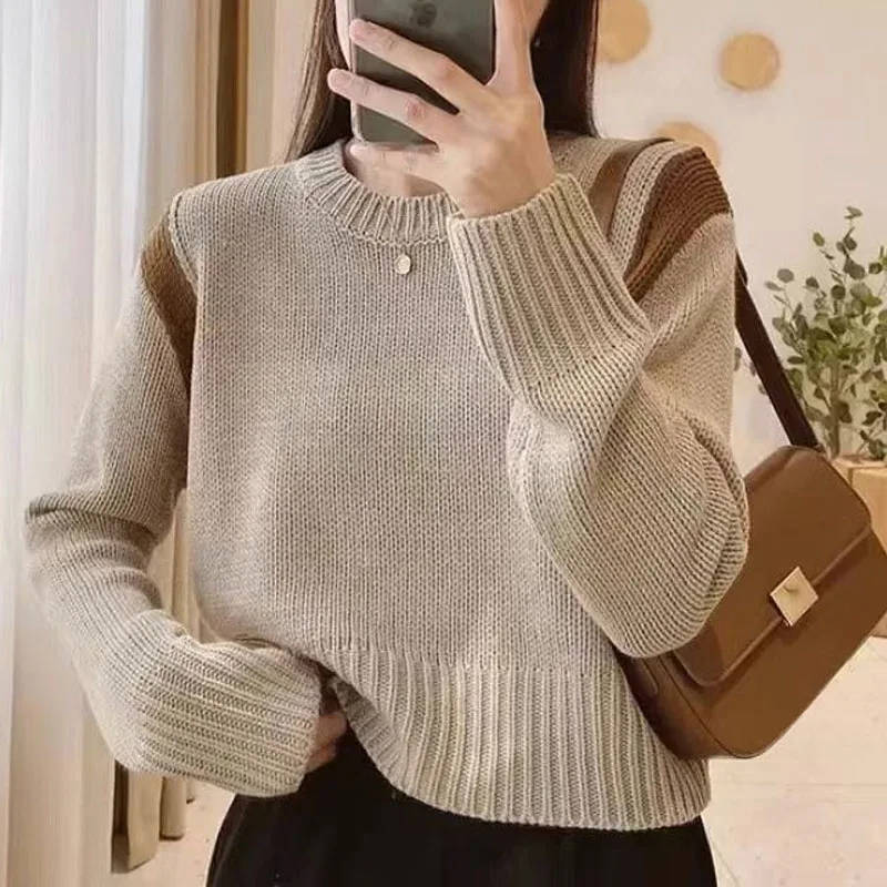 New Autumn/Winter Fashion Lazy Style Retro Contrast Round Neck Loose Versatile Slim and Fashionable Long Sleeve Knitted Sweater