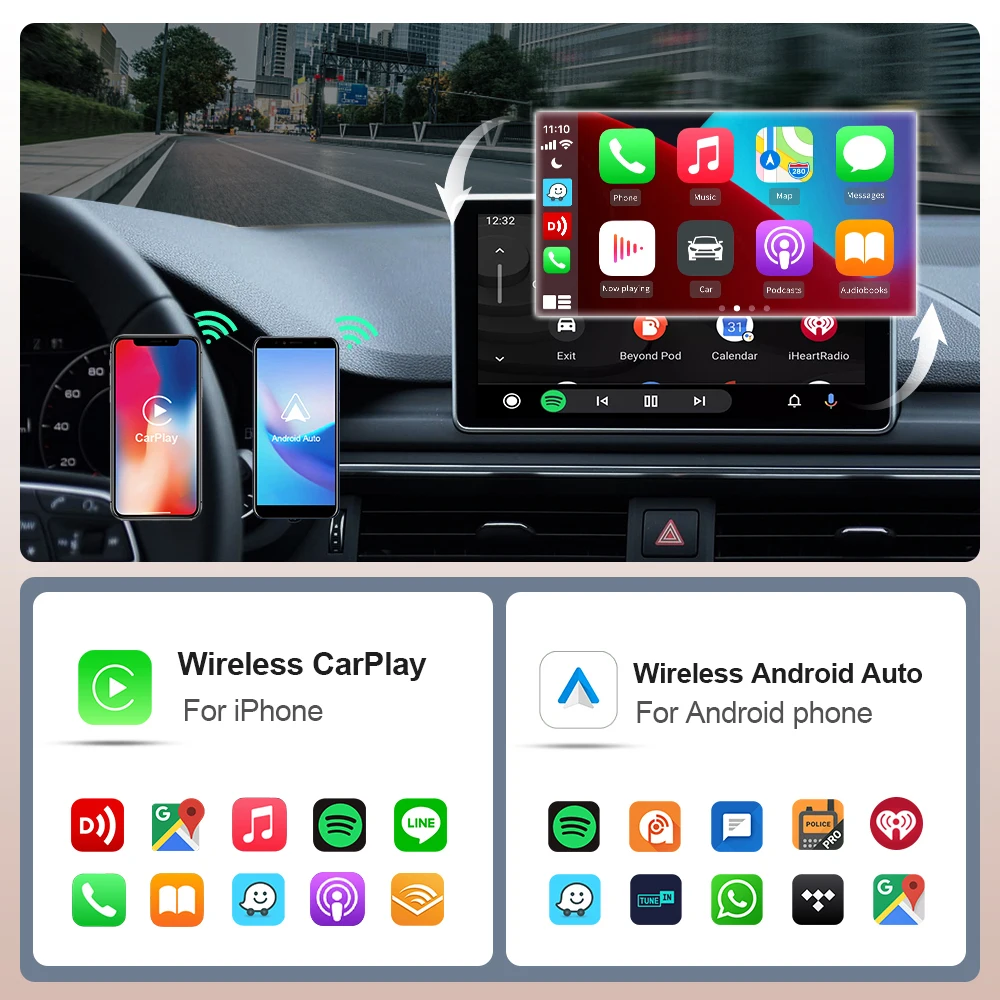 EKIY 2in1 Wireless CarPlay Adapter Wireless Android Auto Dongle AI Smart Box Car Intelligent Systems For Car With Wired CarPlay