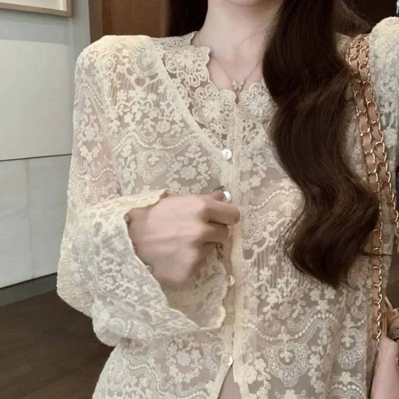 Luxury High-end Shirts French Layered Lace Top Women Long Sleeve Blouses Short Blouse Bottom Shirt Hollow Out Buttons Outerwear
