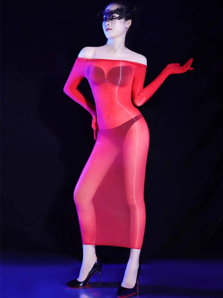 Sexy Women 5D Oil Glossy Shiny Micro Mini Dress Five Glove Bodycon Tights Dresses Sheer See Through Elastic Pencil Dress