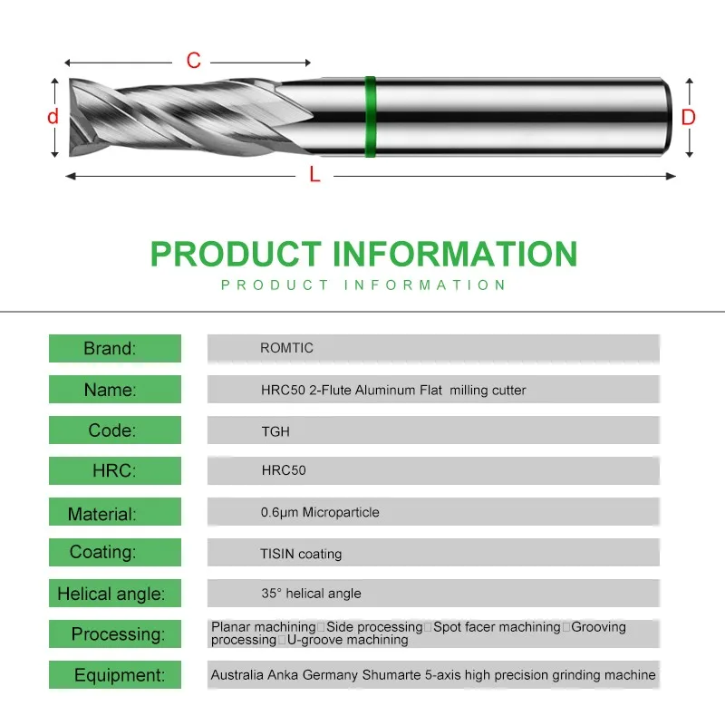 Imagem -06 - Romtic-tungsten Steel Carbide Flat End Mill Cnc Centro Mecânico Alumínio Fresagem Ferramentas Cutter 2-flute Tgh-hrc50