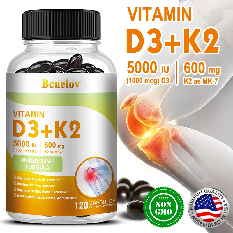 Bcuelov Vitamin D3+K2, 5000 IU Vitamin D3, non-GMO formula, easy-to-swallow vitamin D and K complex dietary supplement