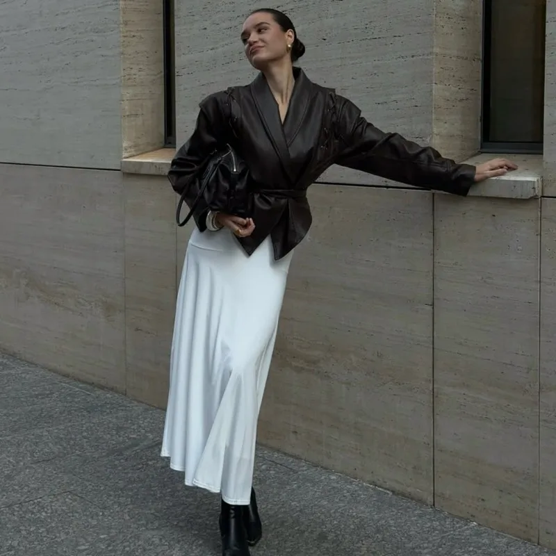 Talenza femmes en cuir Bomber vestes manteaux avec ceinture cranté épaulettes moto rue Chic vêtements d'extérieur mode solide à lacets