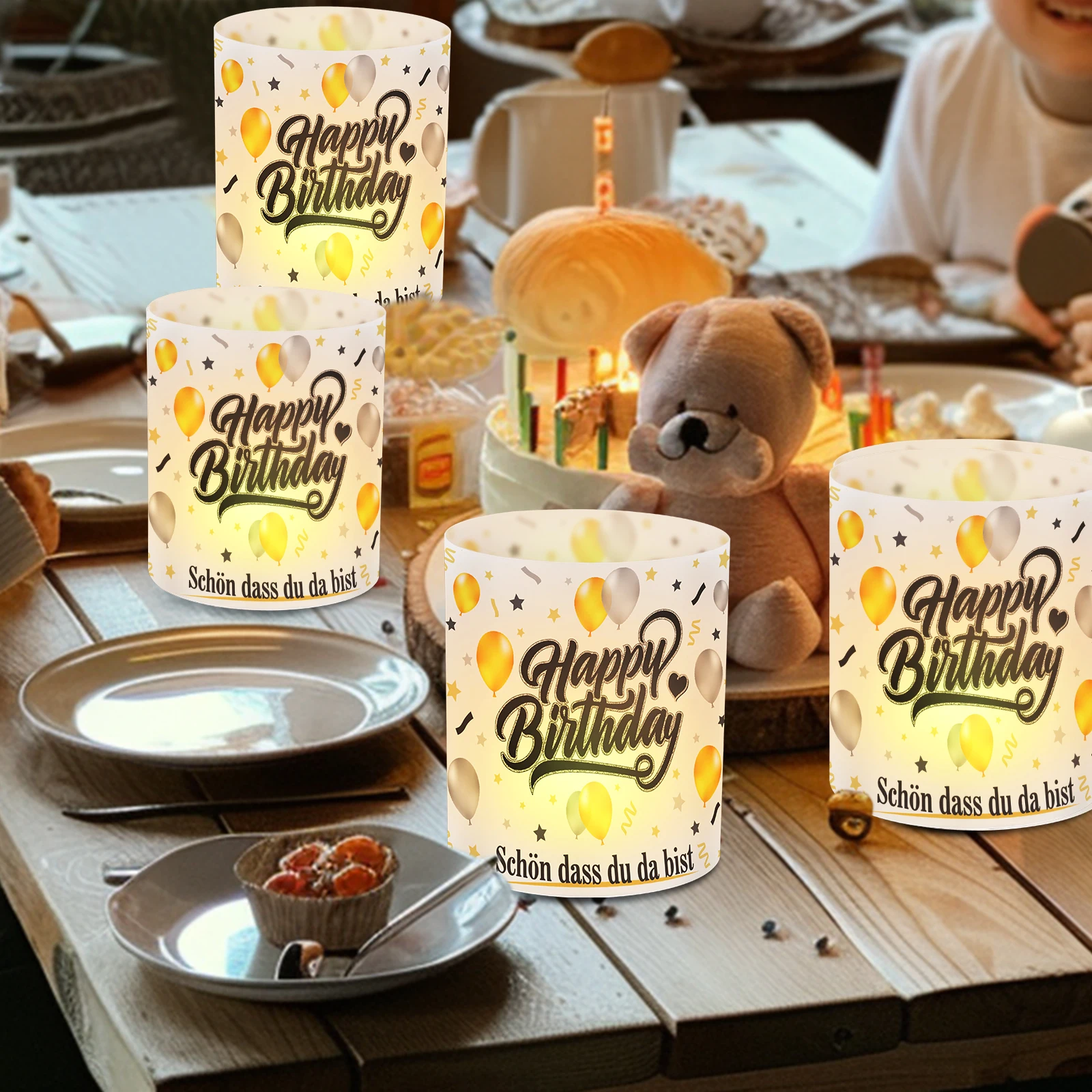 8 pcs. Black Gold Birthday Table Lamp Shades - Battery-Free Decorative Plastic Covers with Balloons