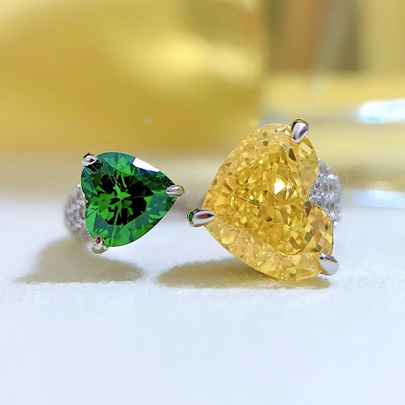 S925 Silver Ring Yellow Zircon Stone Contrast Green Heart 8 * 10 Ice Flower Cut High Carbon Zircon Stone Versatile Ring Jewelry