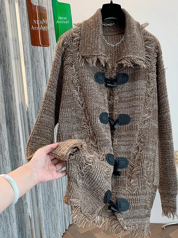 فضفاضة تناسب سترة مشغولة من الصوف المرأة عادية Sle الخريف الشتاء جديد وصول المتوترة شرابة زر حتى أعلى كسول شيك ملابس خارجية #1