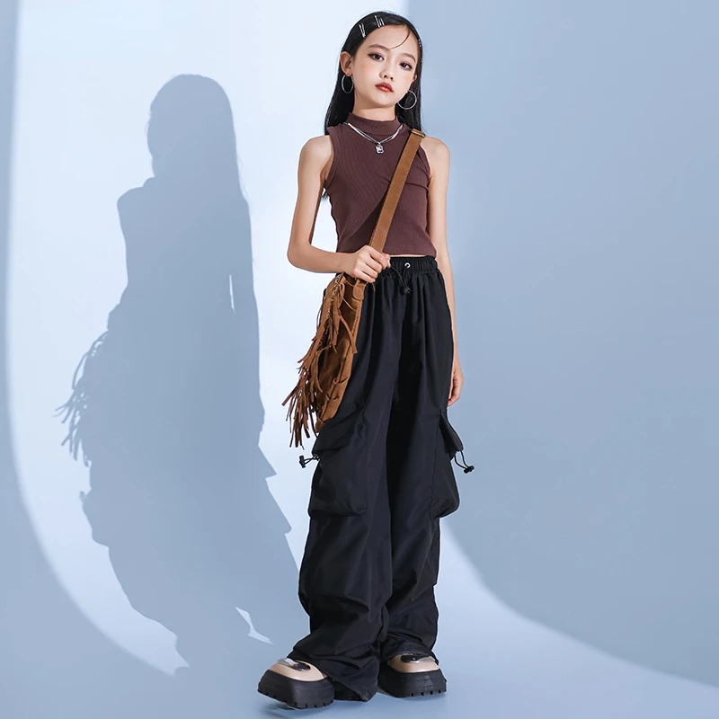 

New Girls Fashion Hip Hop Suit Sleeveless Top Loose Cargo Pants Children Streetwear Summer Kids Jazz Dance Costume Stage Wear