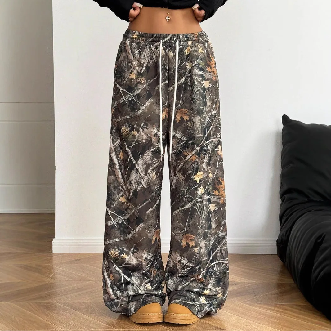2025 American Teen Women's Fashion Casual Elastic Waist Camouflage Printing Skinny Wide Leg Floor Pants