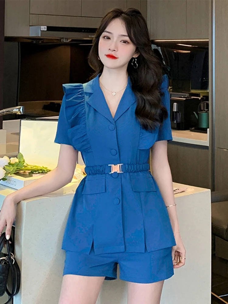 Summer Korean Style Elegant 2 Piece Outfits Women Sweet Ruffles Belt Tops Blouse Blazer Shorts Pants Sets Streetwear Office Lady