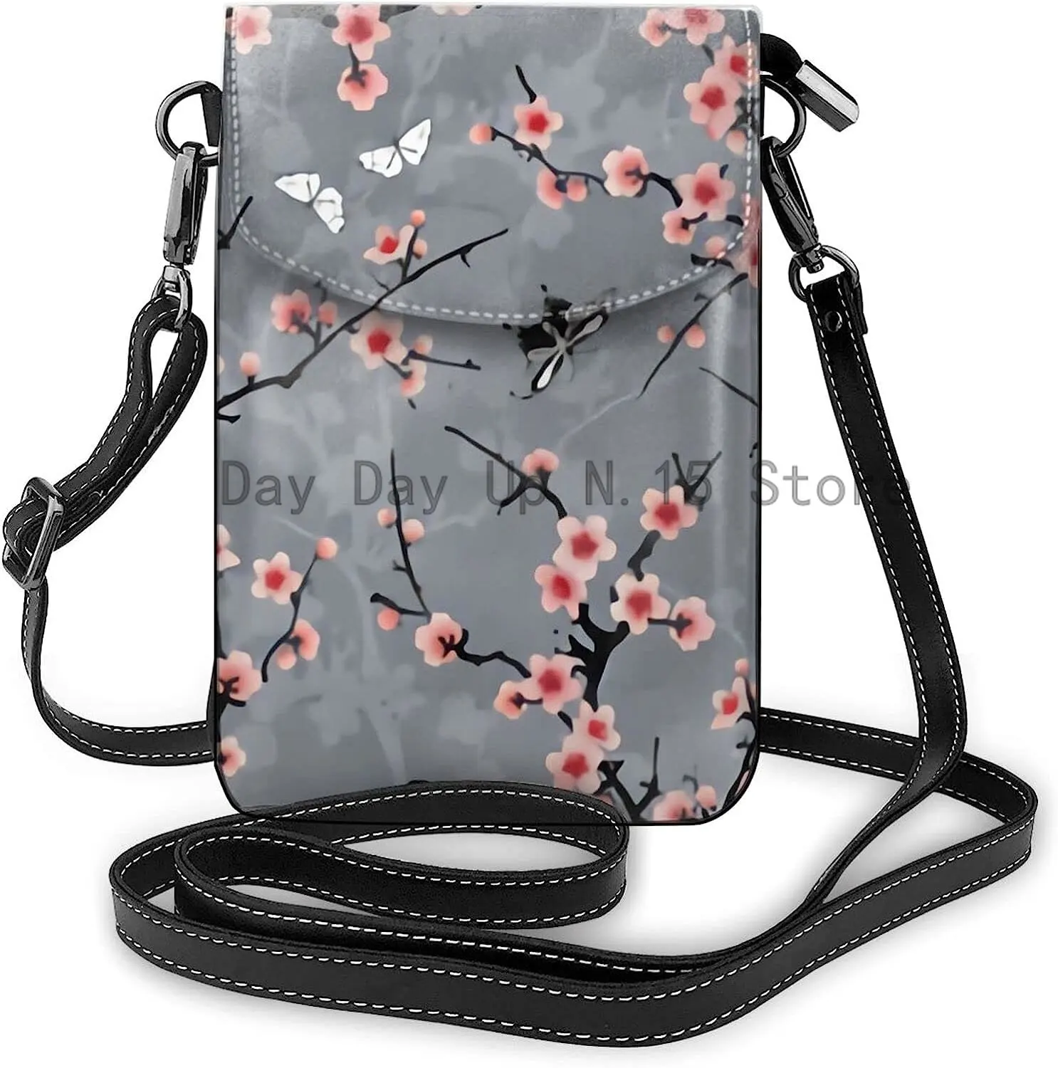 Cherry blossom grey Crossbody Cell Phone Purse Women PU Crossbody bag Small crossbody wallet purse Shoulder Bag