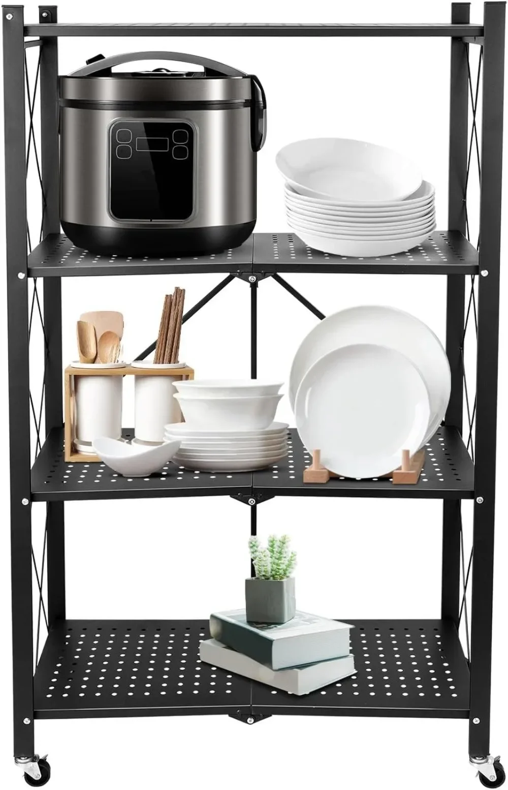 4 Tier Shelf, Folding Storage Shelves with Wheels Standing Kitchen Storage Rack, Metal Foldable Shelving Unit Display