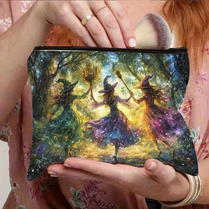 1pc Witch Tuester Makeup Bag - Enchanted Witch Design with Safety Zipper, Vibrant Cosmic Artwork Travel Cosmetic Pouch