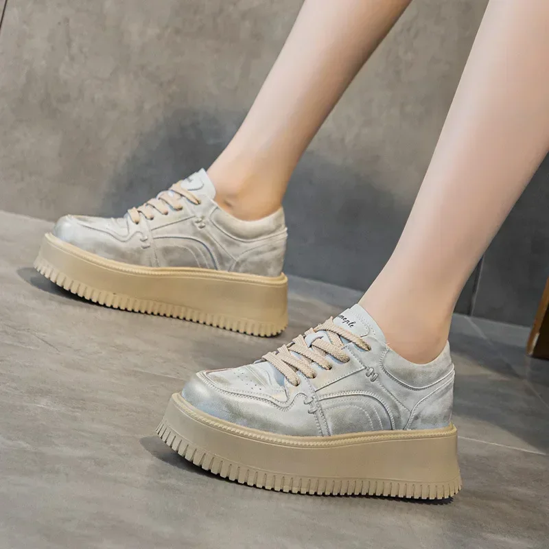 8CM Genuine Leather Vulcanize Autumn Flat Women Chunky Sneaker Winter Plush Spring High Brand Summer Platform Wedge Shoes