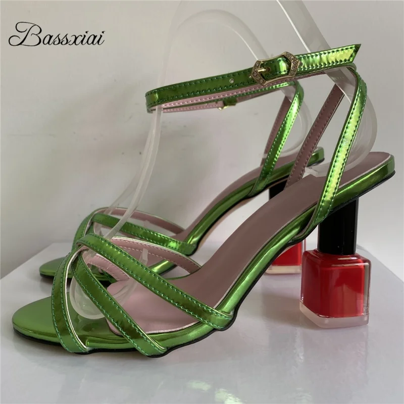 Luxury Narrow Band Ankle Strap Sandals Women Unique Nail-Polish Strange Heel Party Shoes For Girls Summer