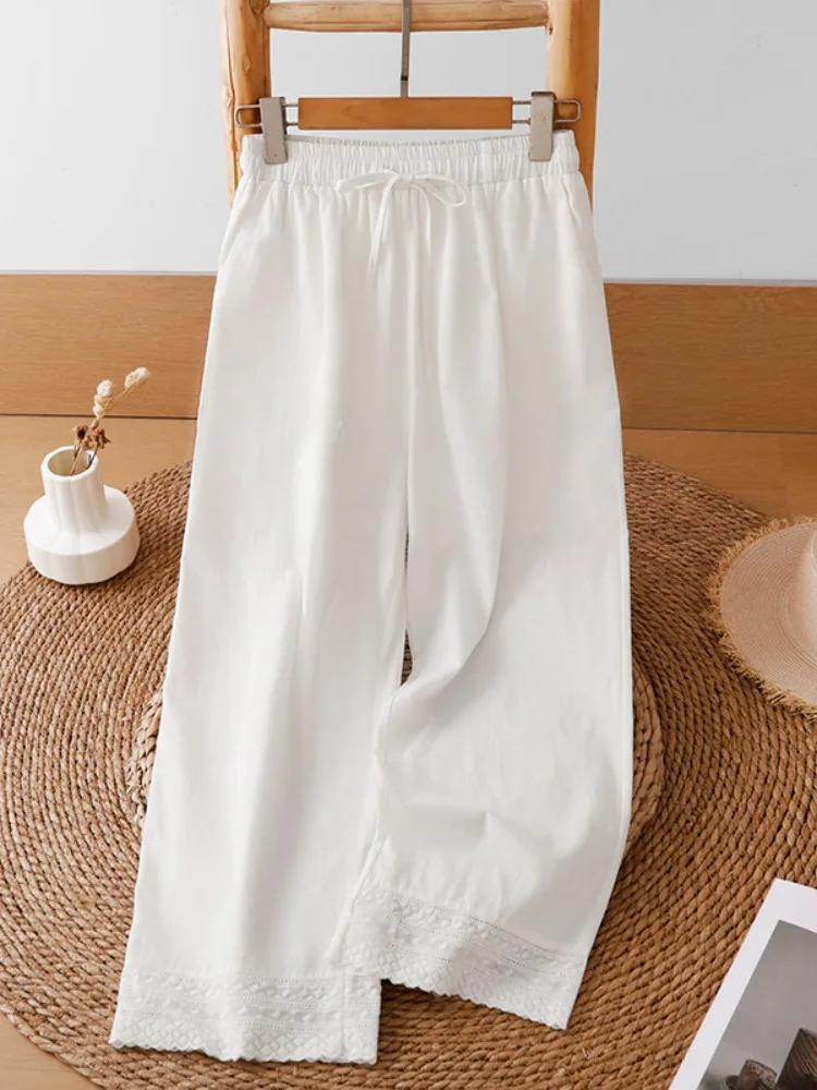 

White Embroidered Lace Trim Linen Wide Leg Pants Women Summer Thin Loose Drapey Nine Points Lazy Casual Trousers
