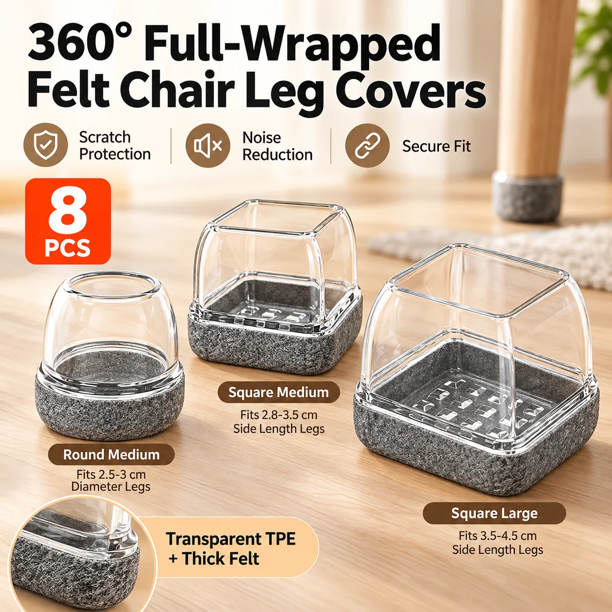 TPE Felt Chair Leg Covers 8 Pack, Transparent Furniture Table Feet Protectors, Thickened Silent Anti-Scratch Floor Caps for Roun