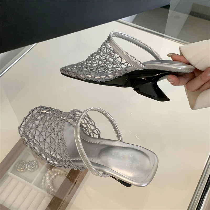 Aneikeh 2026 Summer Slippers Sandals Party Shoes for Women Fashion Strange Style Square Toe Shallow Narrow Band Weaving Slip-On