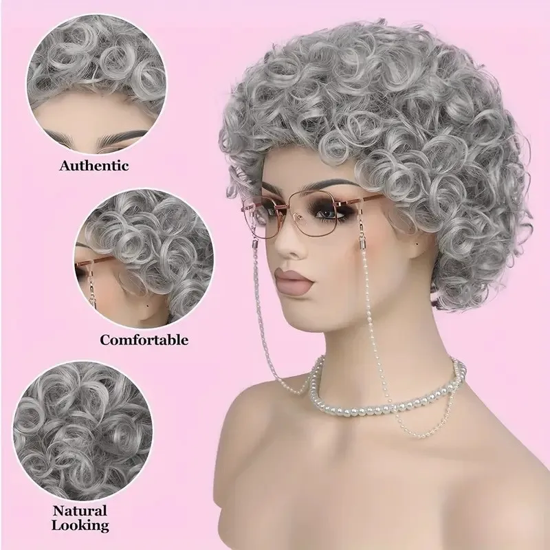 Natural and minimalist women's wig, grandma's small roll, short style, synthetic high-temperature silk headband, exquisite