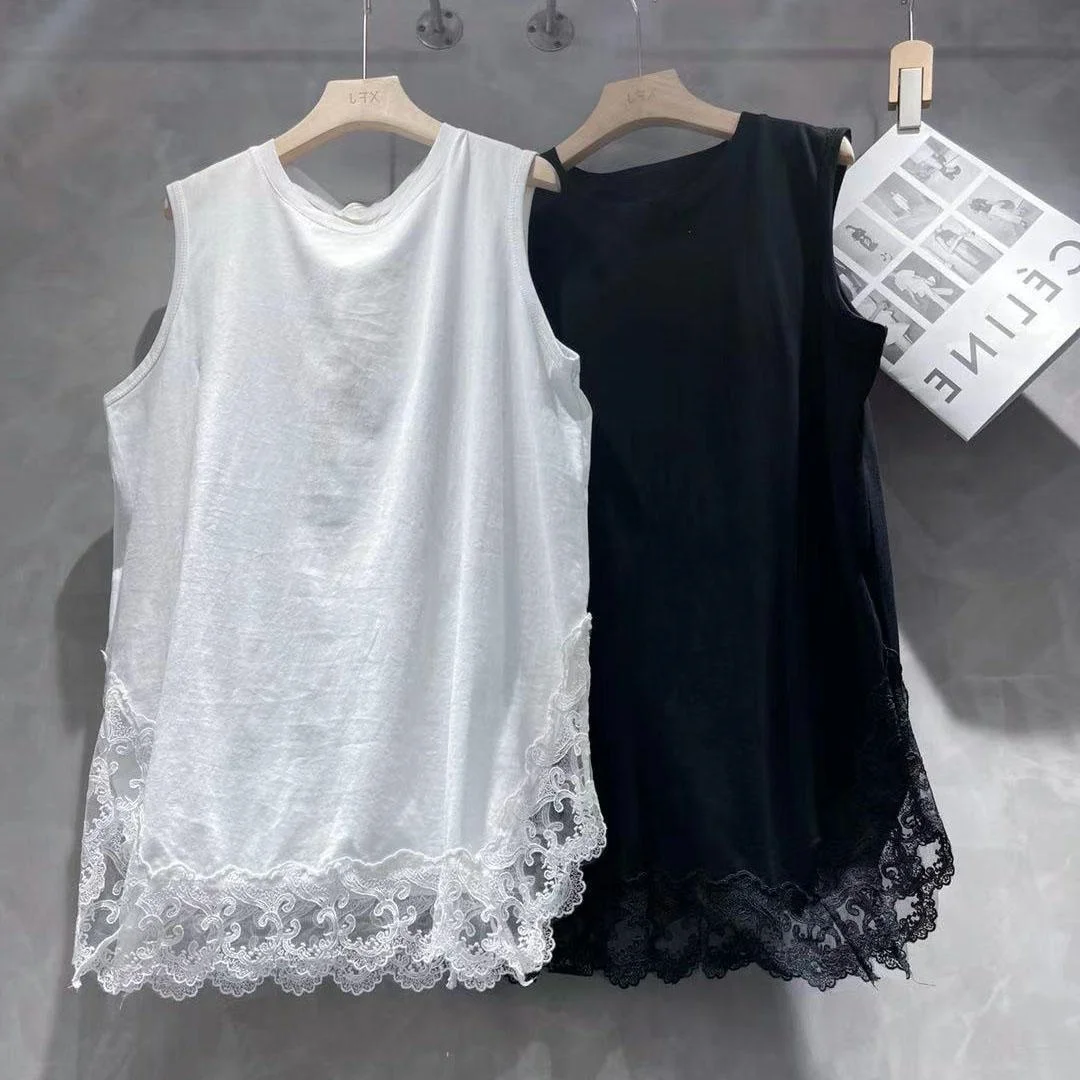 

Большой размер с кружевной отделкой, повседневная универсальная базовая майка средней длины, женский модный жилет с овальными бретелями