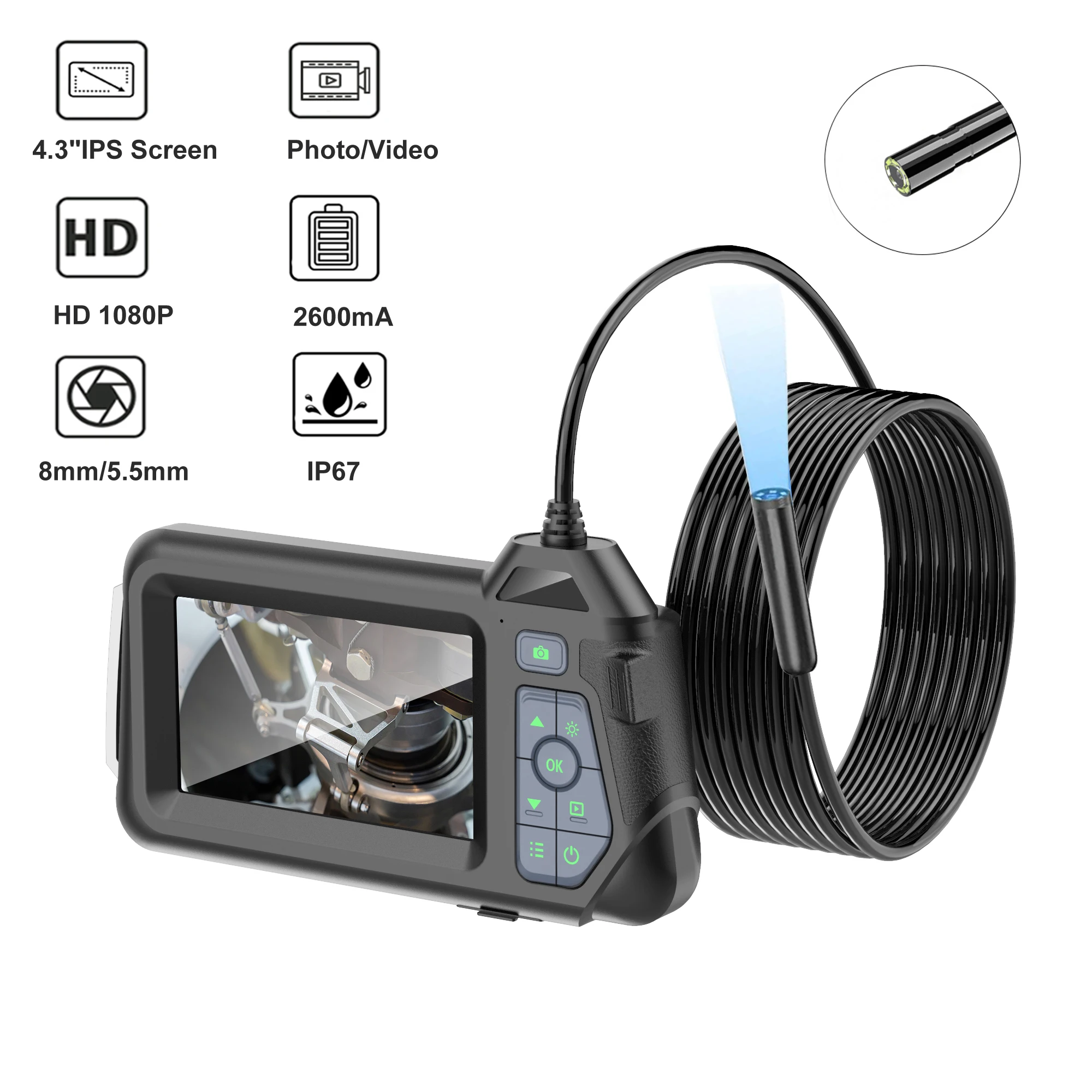 

4.5Inch IPS Screen 5.5MM 2MP 1080P Industrial Endoscope CMOS Borescope Inspection Otoscope Camera Digital Microscope Pipescope