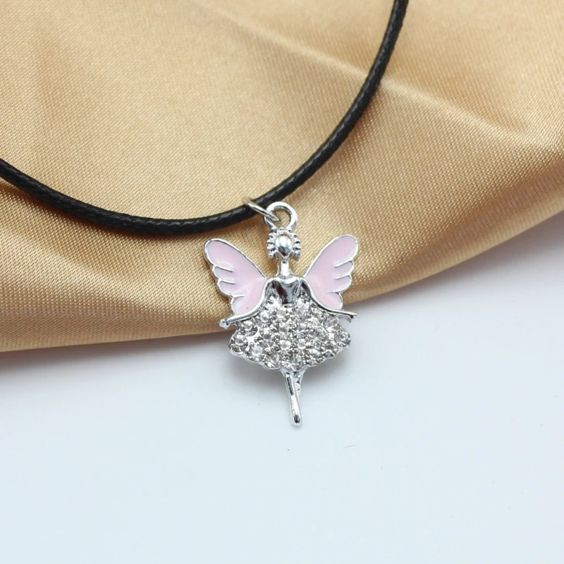 New Pink Angel Wing Dancing Girl Crystal Pendant Necklace 45+5cm PU Leather Wax Line Clavicle Collar Fashion Accessory Wholesale