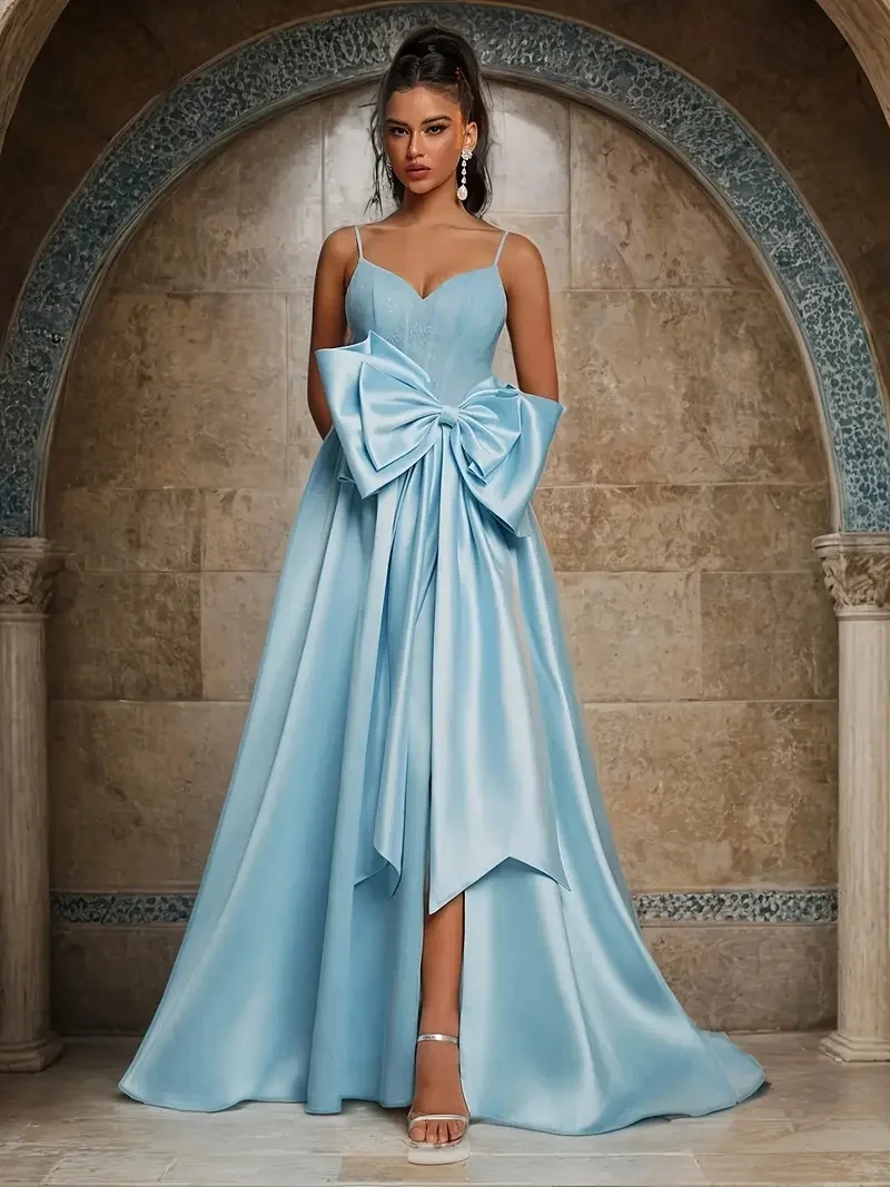 

Атласные платья для выпускного вечера с бантом для женщин, длинный корсет, вечерние бальные платья русалки с рюшами и разрезом