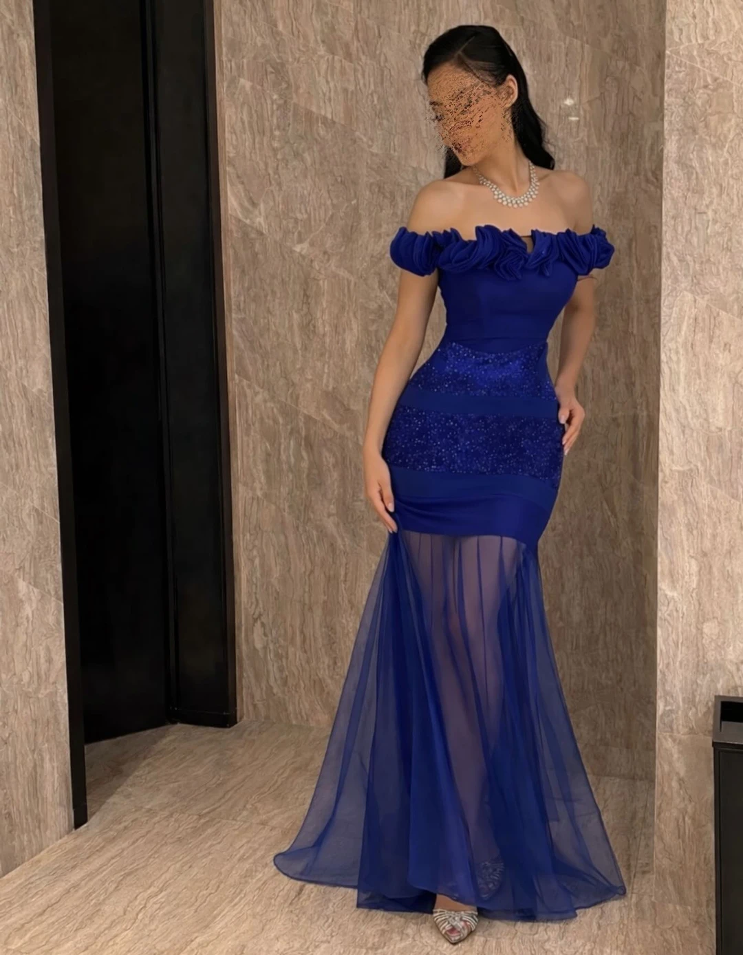 

Aura Lace Card Shoulder Long Evening Dresses for Weddings Fishtail Skirt Modest Evening Dress 2026 Woman Custom Made Sequins