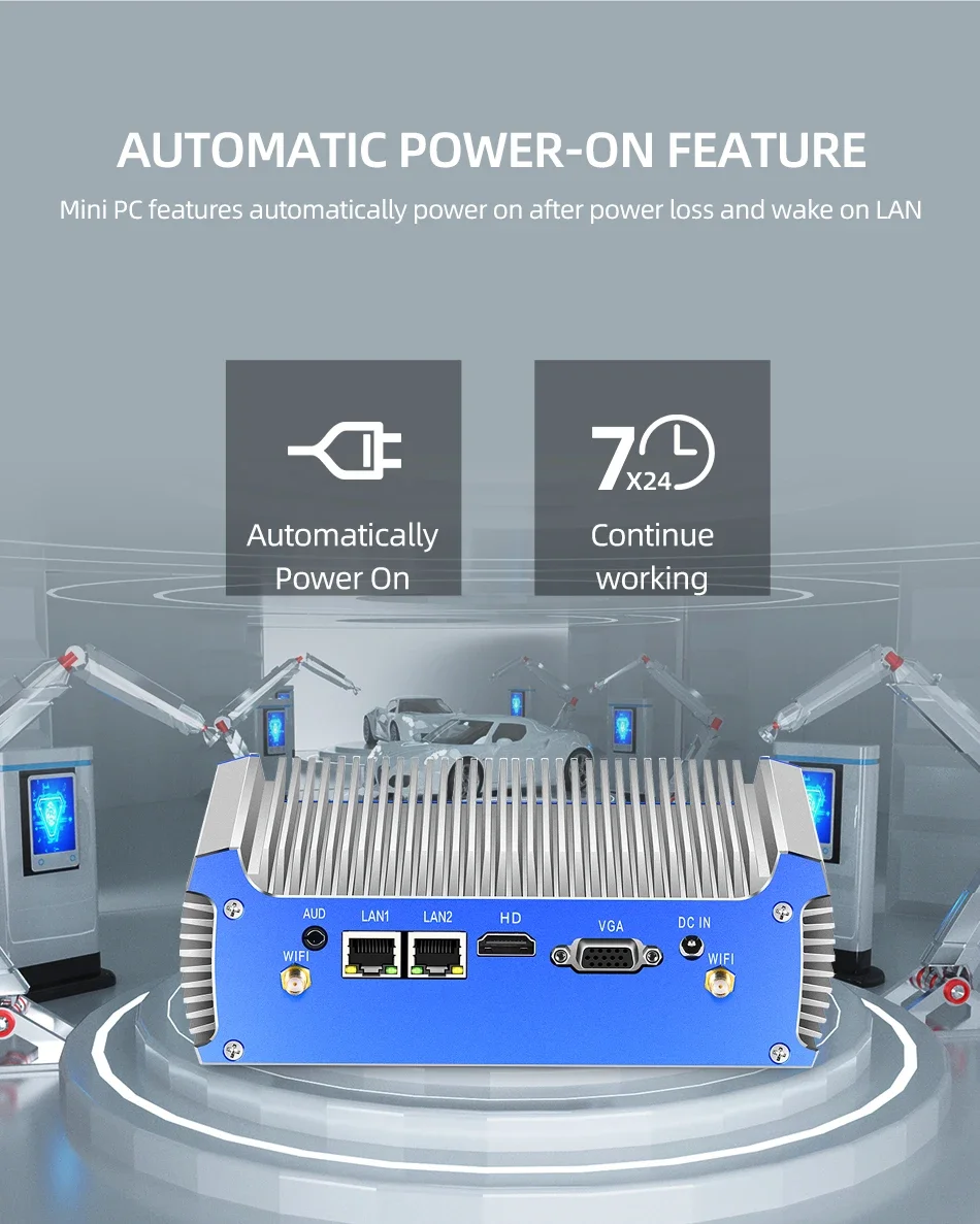 Mini PC industriale senza ventola Intel Core i3 i5 i7 4a/5a generazione WFi HDMI+VGA 2x Ethernet 2x COM-232 4x USB Windows 7/10 Linux